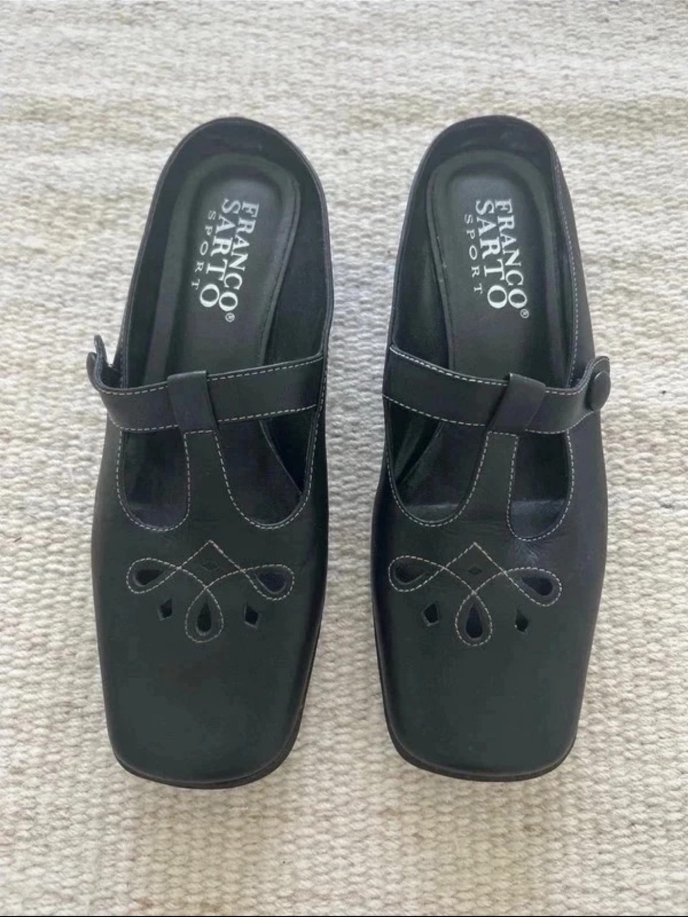 Vintage Franco Sarto Sport Leather Square Toe Mules Black Size 7.5 M